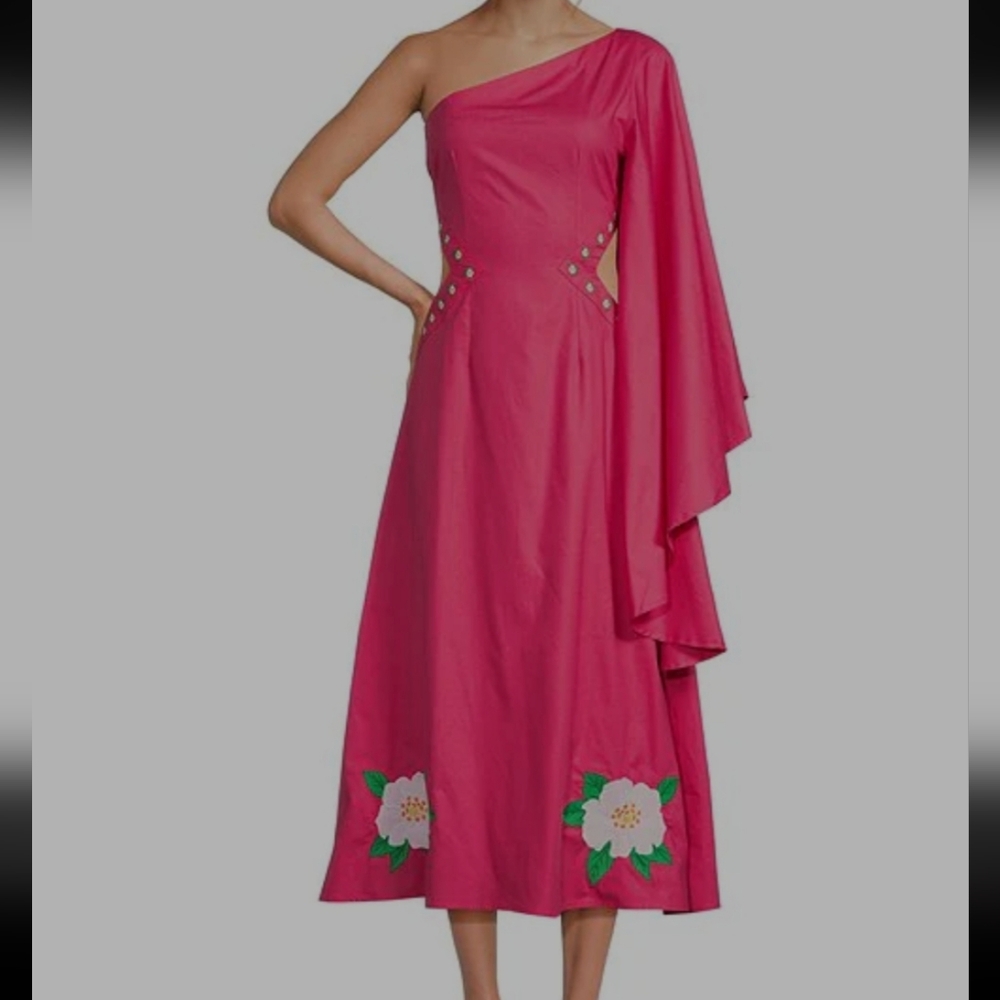 Fanm Mon Amarya One-Shoulder Bell Sleeve Side Cut Out Floral Embroidered Dress
